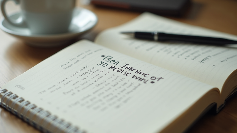 Close-up view of a journal with motivational notes and a pen