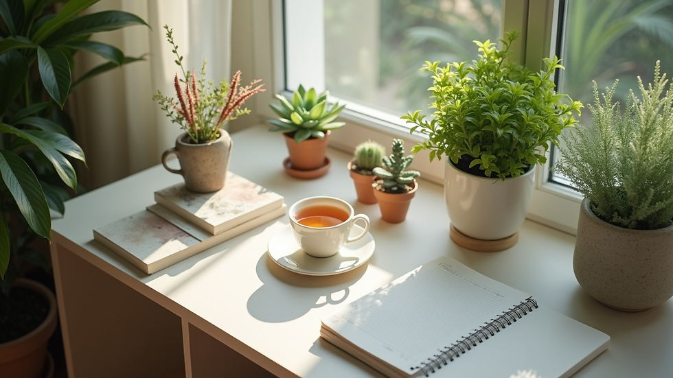 High angle view of a peaceful home office setup with plants and a cup of tea