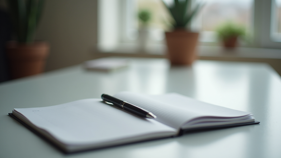 Eye-level view of a calm workspace with a notebook and pen