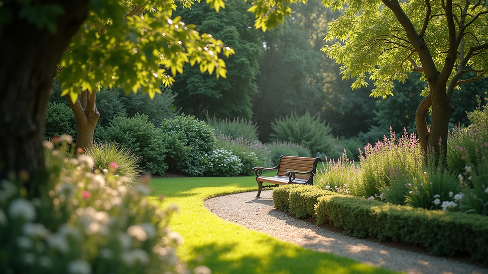 High angle view of a peaceful garden with a bench