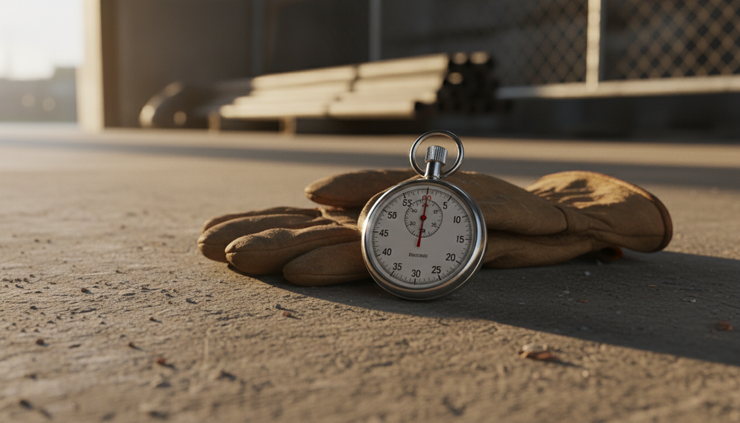 Close-up view of a stopwatch resting beside worn work gloves on a concrete surface