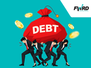 Illustration of four business professionals struggling to carry a large red bag labelled “DEBT,” with coins flying around them and a lit fuse attached to the bag, symbolising the growing burden and potential risk of business systems debt.