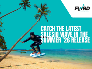 Promotional graphic featuring a surfer riding a wave on a tropical beach, representing the latest SalesIQ Summer '26 Release and new AI-powered customer engagement capabilities.
