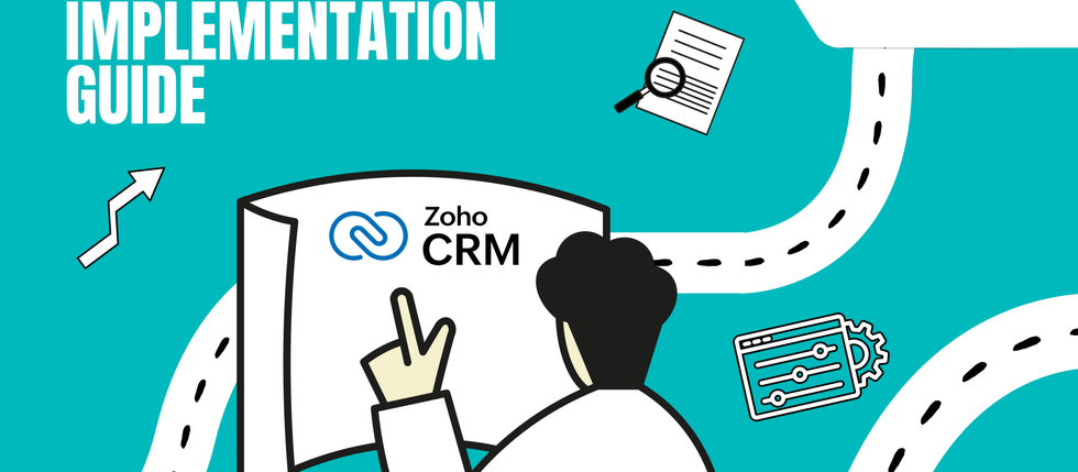 Illustration of a professional reviewing a guide titled Zoho CRM Implementation Guide, showing a roadmap-style path with icons representing analysis, system configuration, and automation, highlighting the process of Zoho CRM Implementation for improving business workflows.