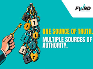 Illustration of a hand holding a key toward a cluster of padlocks and chains, alongside the text “One source of truth. Multiple sources of authority.”