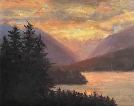 Oil painting of sunset behind Olympic Mountains