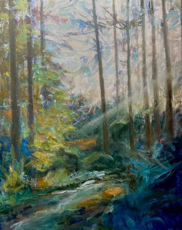 Painting of morning light in a forest