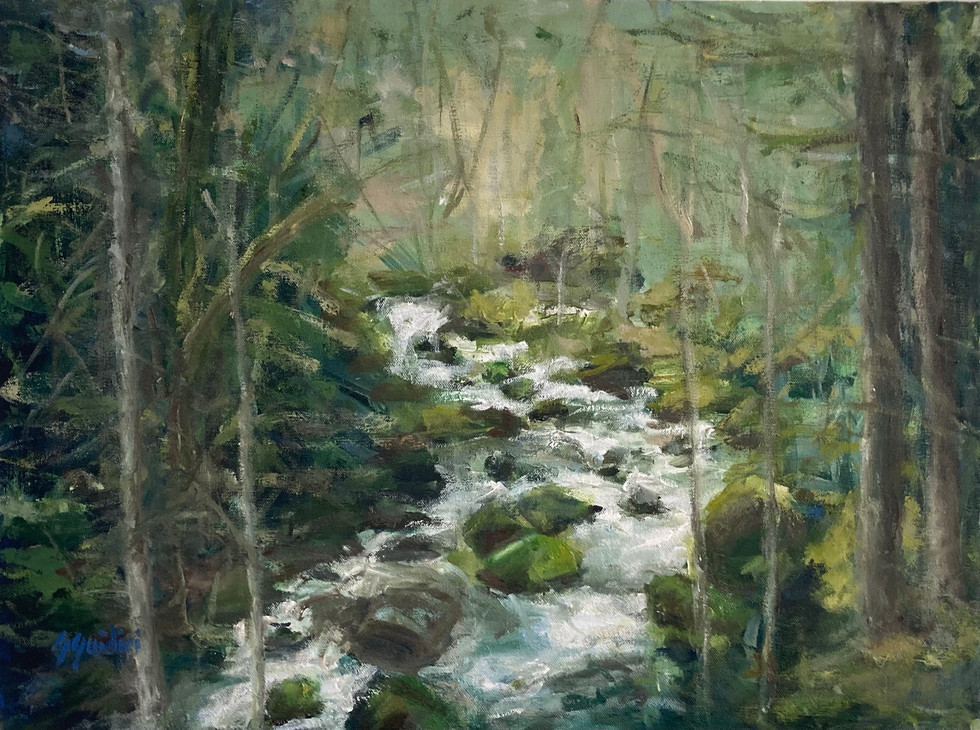 Oil painting of river in forest