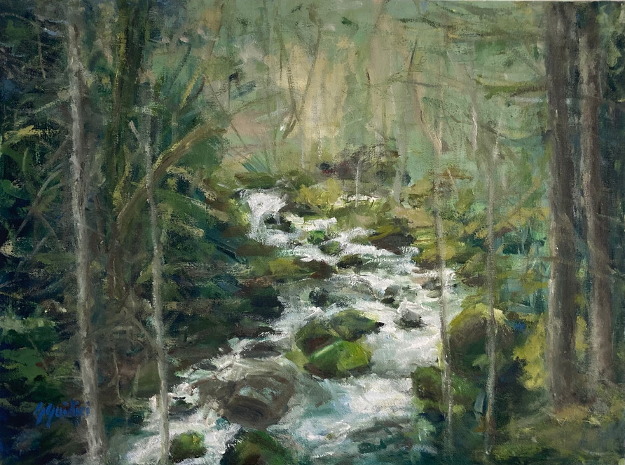 Oil painting of river in forest