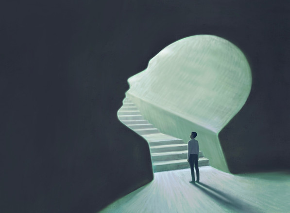 A person taking the first step away from the dark