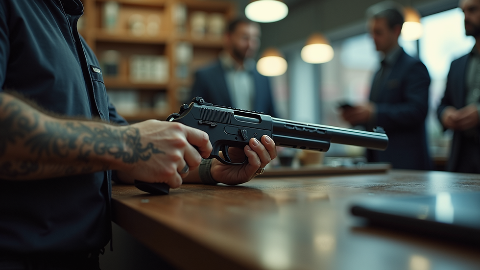 Close-up view of a firearm being inspected at a store counter