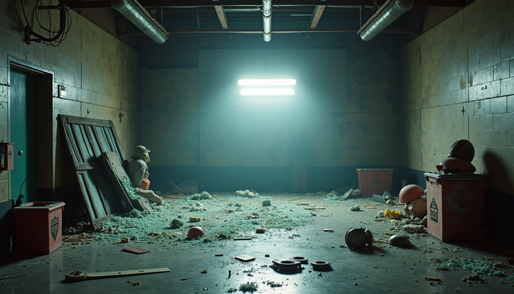 Eye-level view of a rage room filled with broken glass and smashed objects ready for cleanup