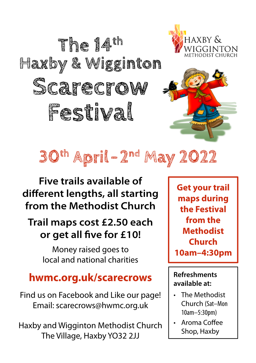 Poster advertising the five trails of the Scarecrow Festival, held over the Early May Bank Holiday weekend 2022.