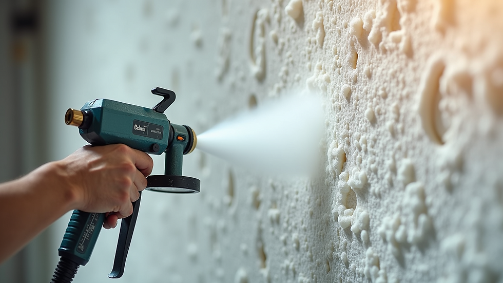 Close-up view of spray foam insulation being applied to commercial wall