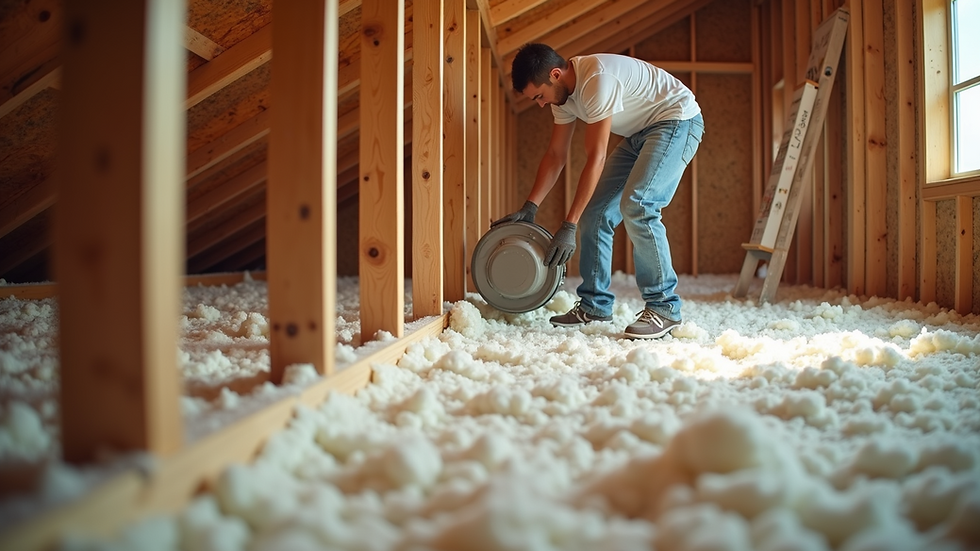 Eye-level view of insulation being installed in an attic space