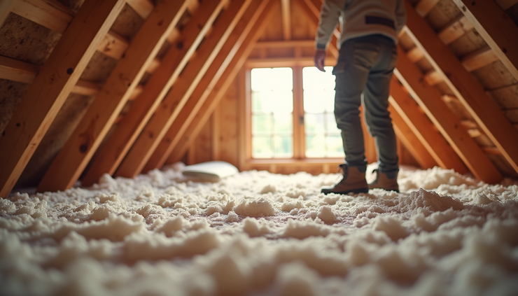 Eye-level view of attic insulation being installed in a residential home