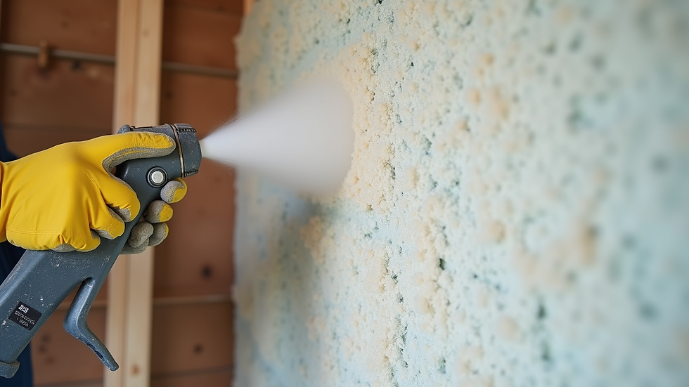 Close-up view of spray foam insulation being applied to a wall cavity