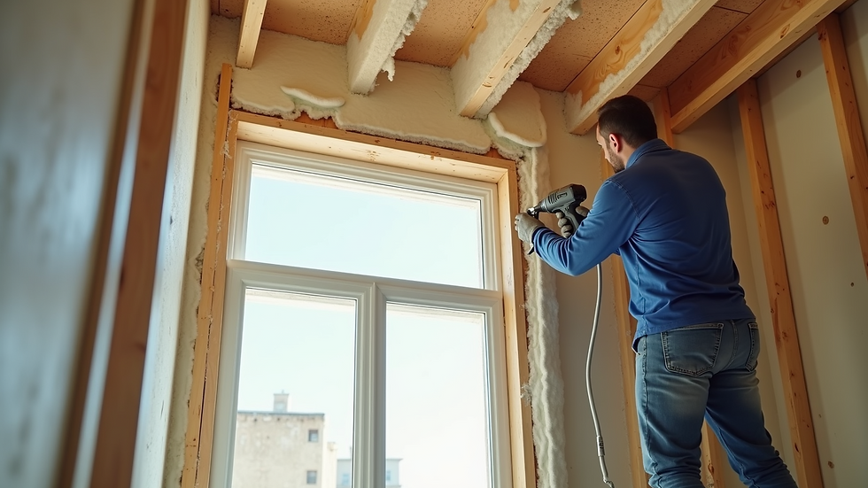 Eye-level view of a professional installing spray foam insulation in a wall cavity