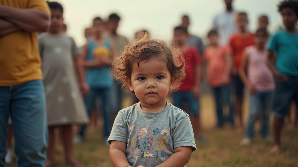 Eye-level view of a community gathering focused on child safety awareness