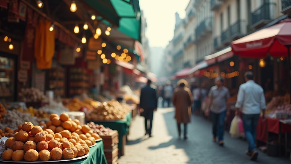 Eye-level view of a vibrant marketplace bustling with activity