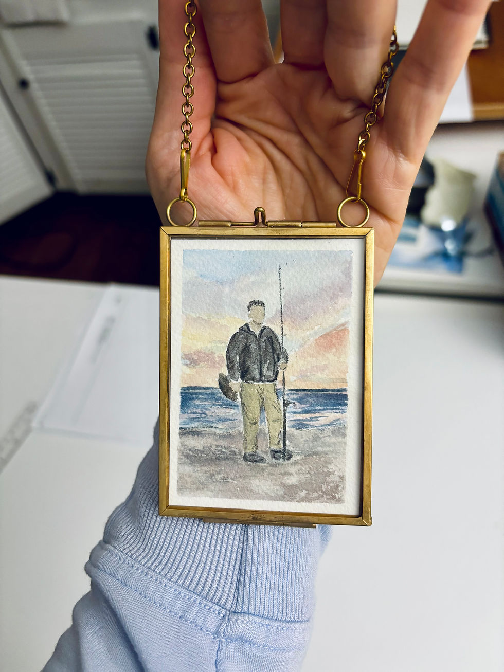 Thumbnail: a man fishing at sunset is painted in watercolor on a tiny mini portrait framed in 2"x3" frame.