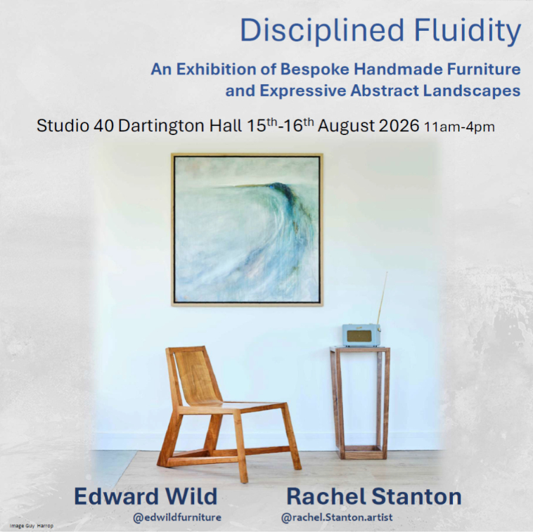A deep blue expressive seascape painting juxtaposed with the elegant grain of handcrafted wood furniture.