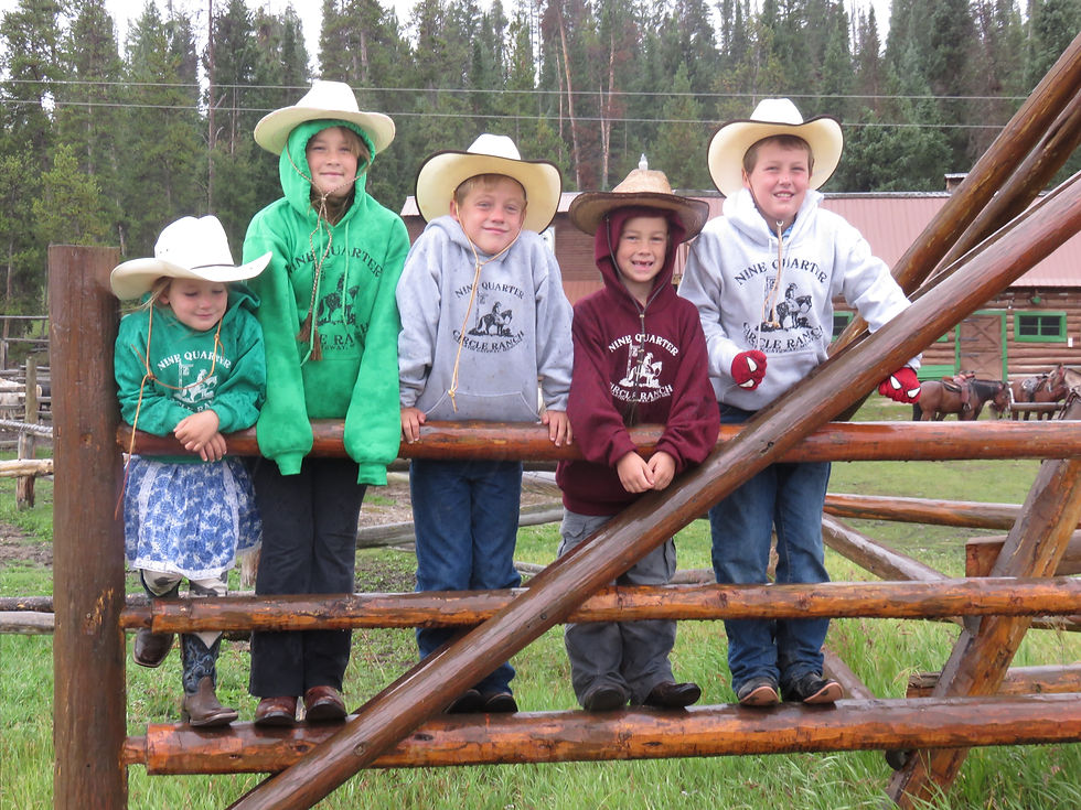 Five kids wearing cowboy hats standing on a fence