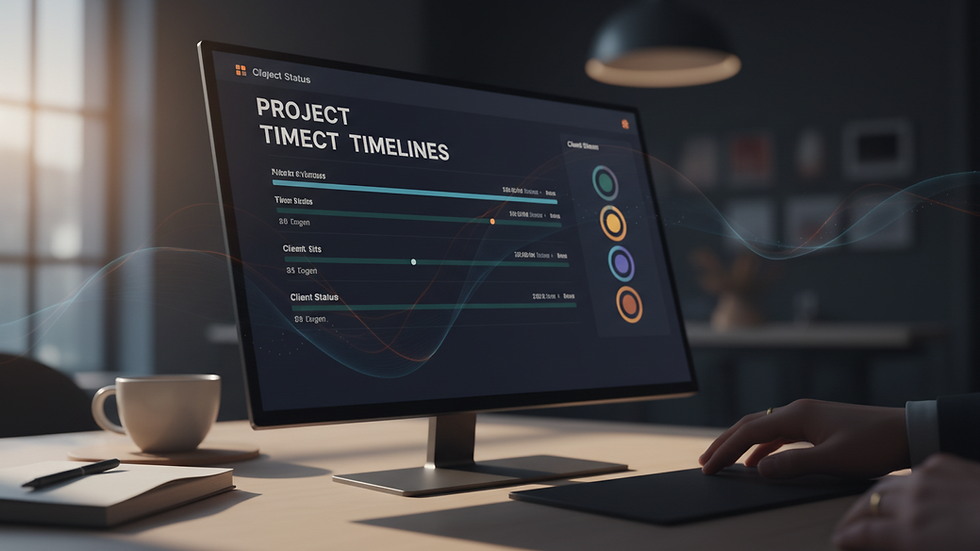 Eye-level view of a digital dashboard showing project timelines and client statuses