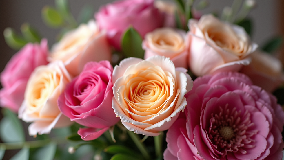 Close-up view of a vibrant bridal bouquet with roses and peonies