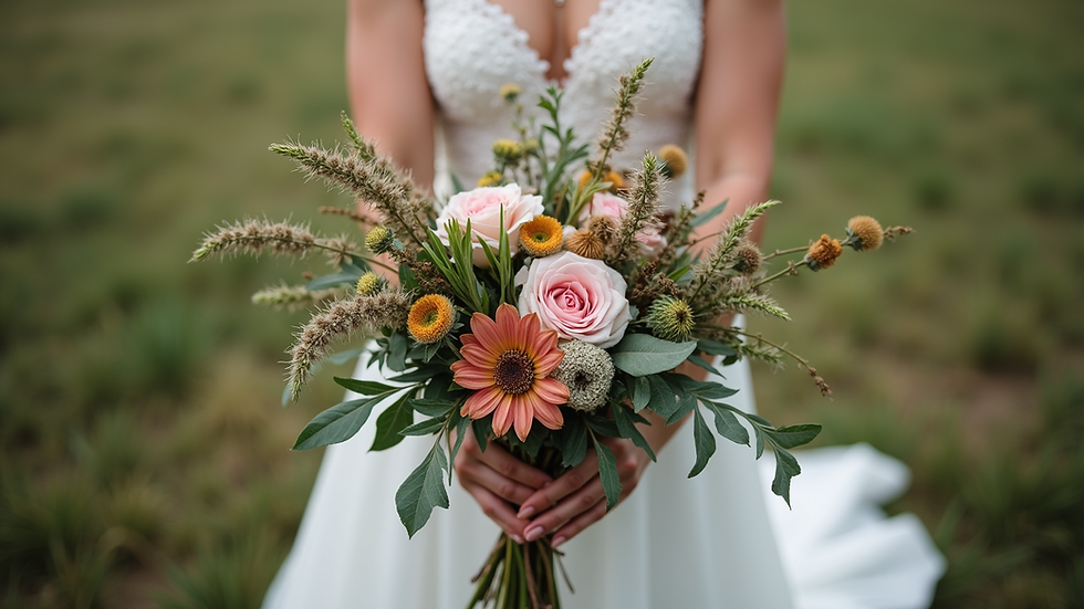 Eye-level view of a rustic wedding bouquet with wildflowers and greenery