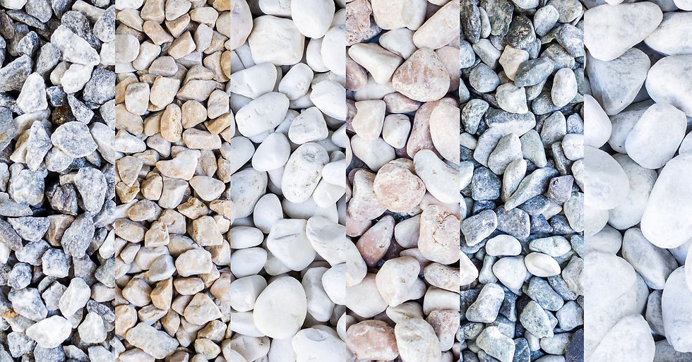 Close-up shots of different types of rocky gravel materials in different sizes and colors lined up side by side.
