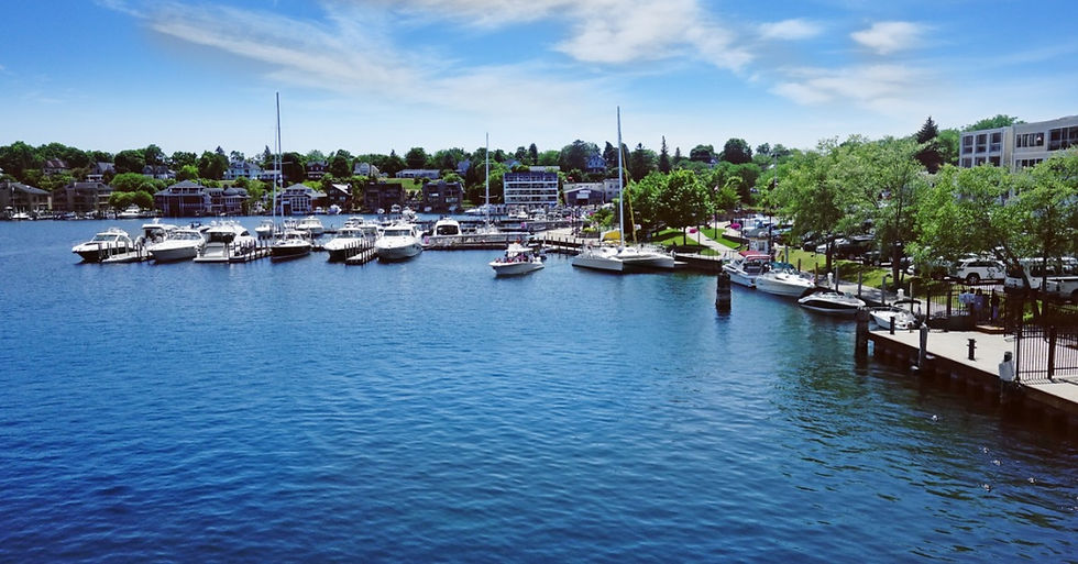 Several recreational boats line a waterfront marina beside docks and shoreline buildings under a clear blue summer sky.