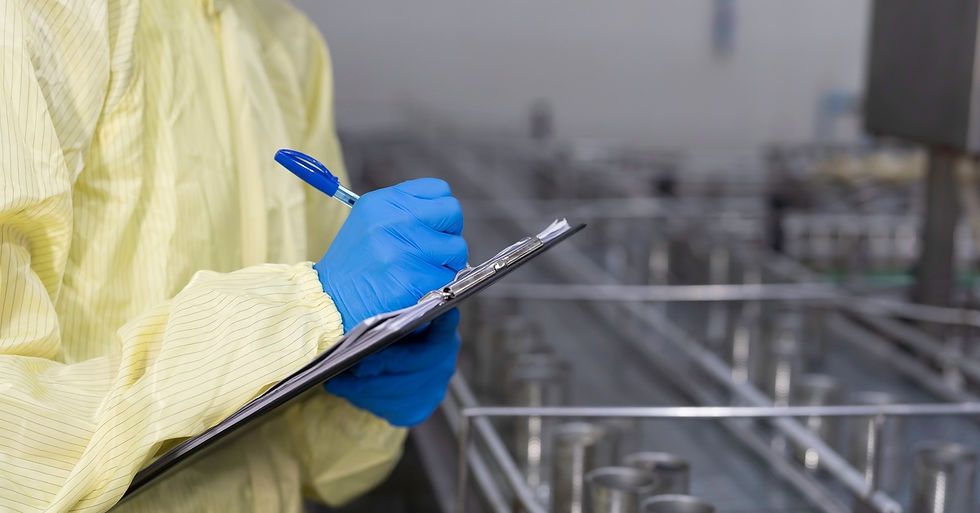 A worker in a protective gown and blue latex gloves writes on a clipboard beside metal equipment in an industrial facility.