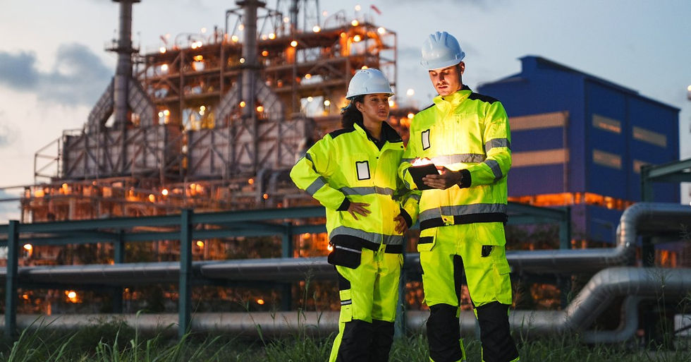 Two workers in yellow safety suits and white hard hats standing near pipes at an illuminated industrial plant at dusk.