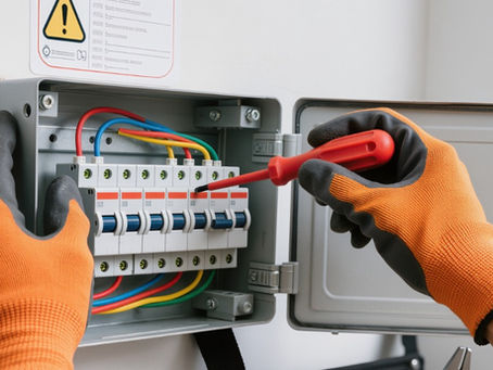 Gloved hands use screwdriver on electrical breaker panel with colored wires, adjusting switches inside open control box.