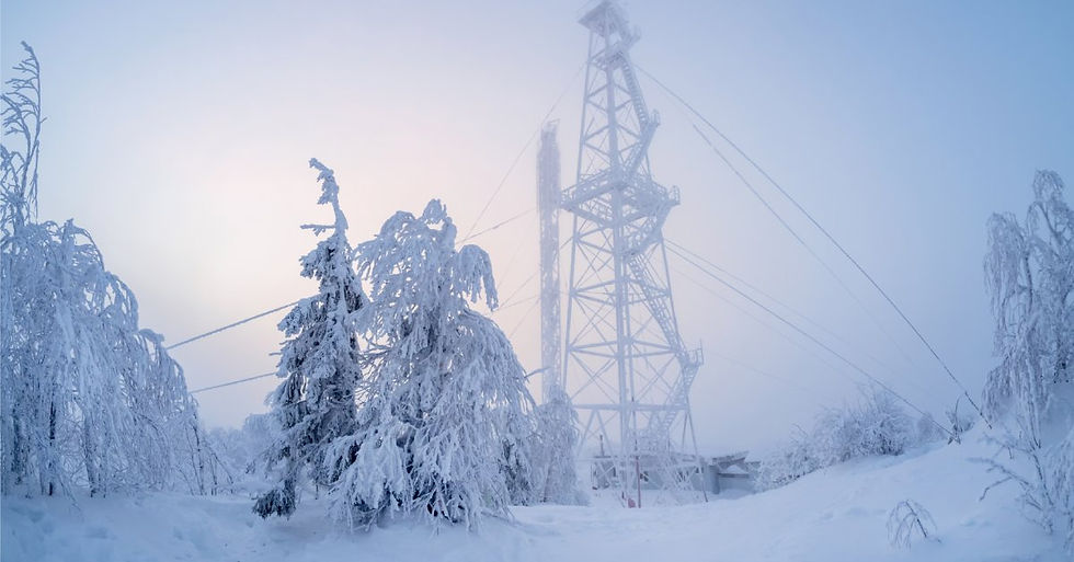 An observatory stands surrounded by small trees and shrubs. Everything is covered in a thick layer of snow.
