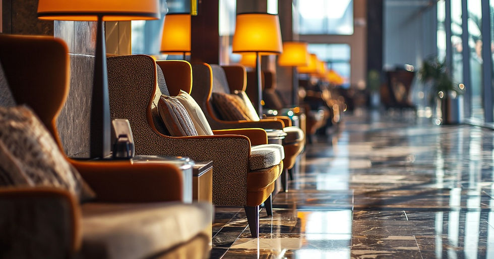 A row of cushioned lounge chairs with warm table lamps sits along a polished floor beside tall windows in a large lounge.