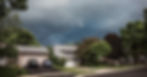 A large, gray thunderhead cloud over the top of a few houses. One house has two cars in the driveway.