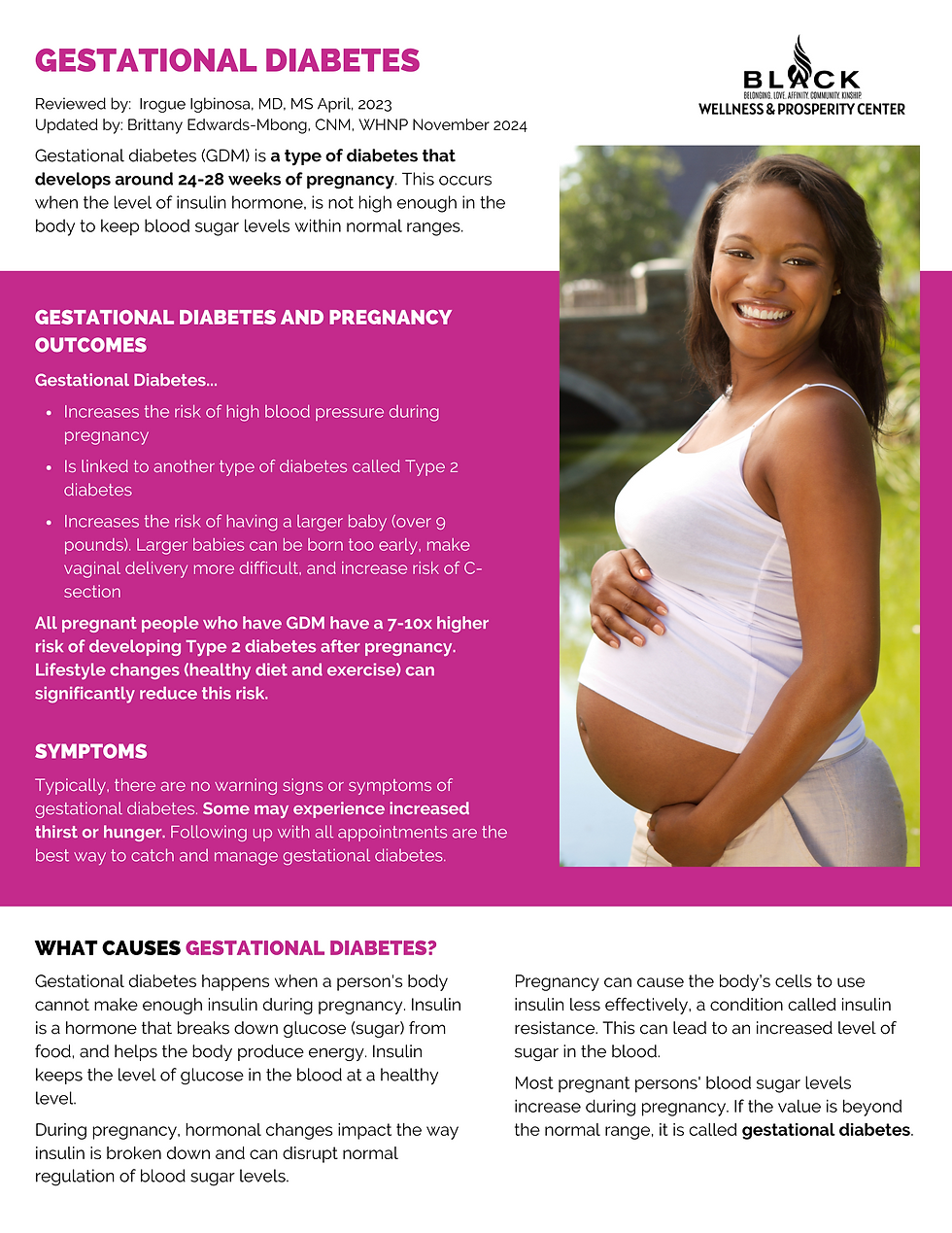 Black woman smiling while holding her pregnant belly