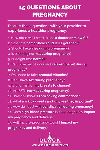 Pink background with text "15 Questions about Pregnancy." Lists questions to discuss with a provider. Logo: Black Wellness & Prosperity Center.