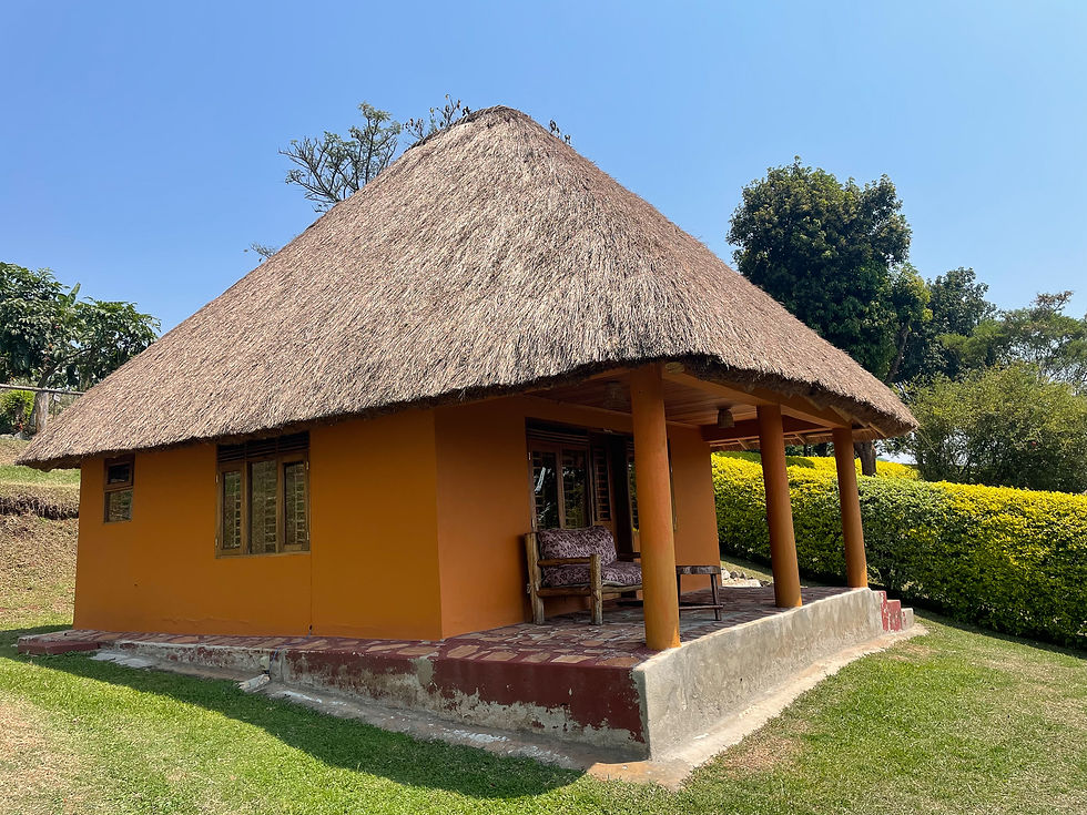 Orange hut with a thatched roof, set in a lush garden. Wooden columns and a bench on the porch. Clear blue sky in the background.