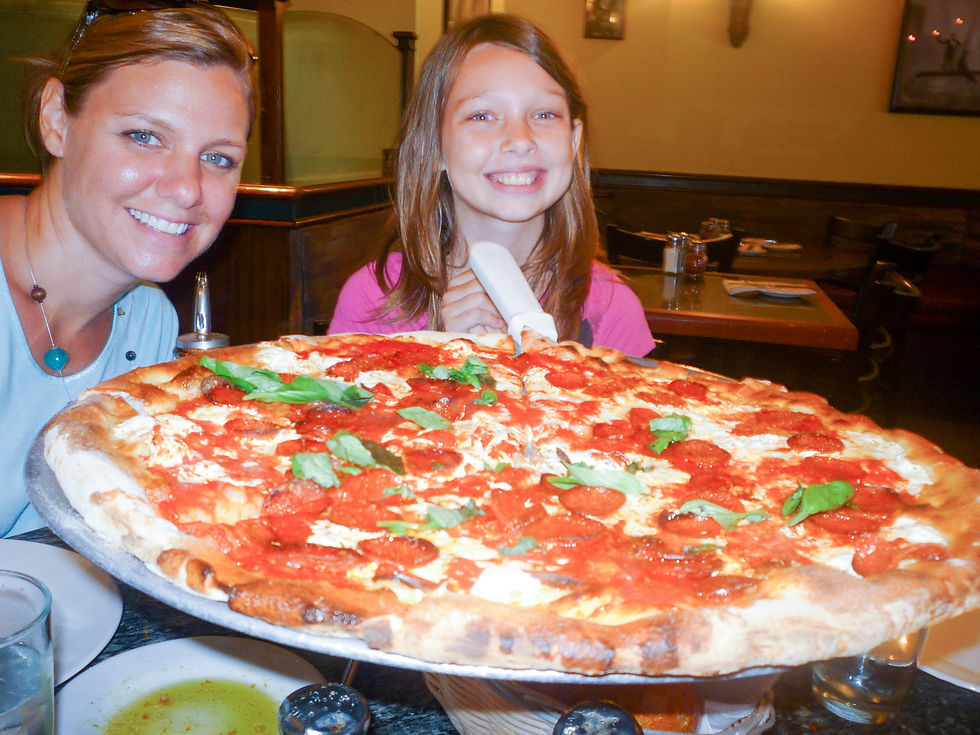 A family eats pizza in New York City.