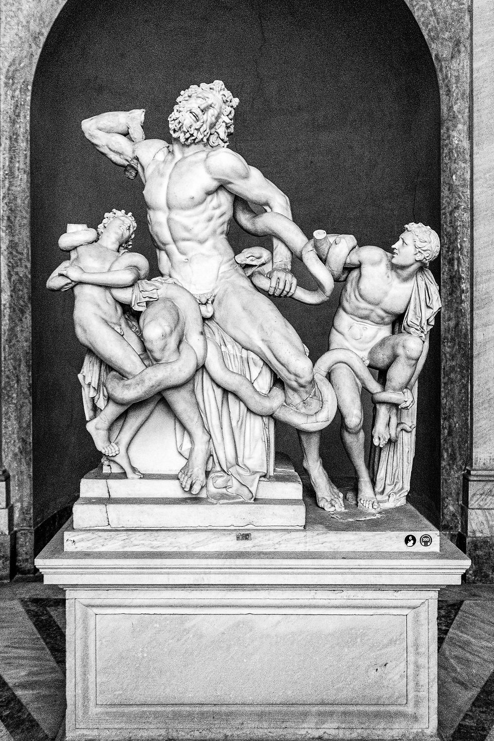 Marble sculpture of Laocoön and his sons entwined in serpents, showing dramatic expressions of pain and physical struggle.
