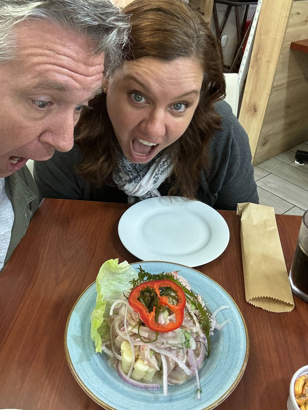 A family is excited to eat ceviche in Peru.