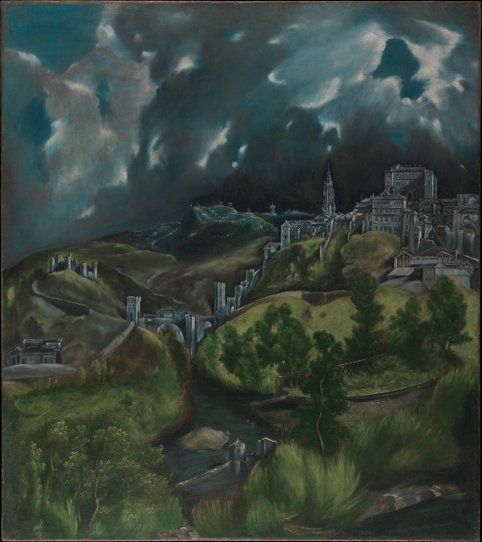 Painting titled View of Toledo by El Greco, depicting a stormy sky over the hilltop city of Toledo, Spain, with dark green hills and dramatic clouds.
