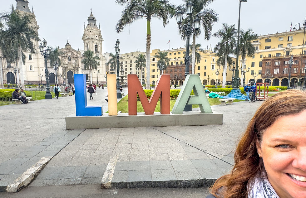 Smiling person in front of colorful "LIMA" sign at city square with historic buildings and palm trees in background. Overcast sky.