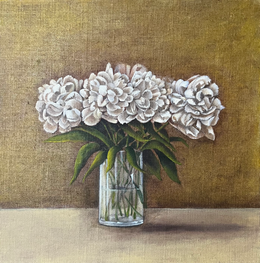 A painting of Chrysanthemums in a glass vase by Scottish artist Deborah Cumming