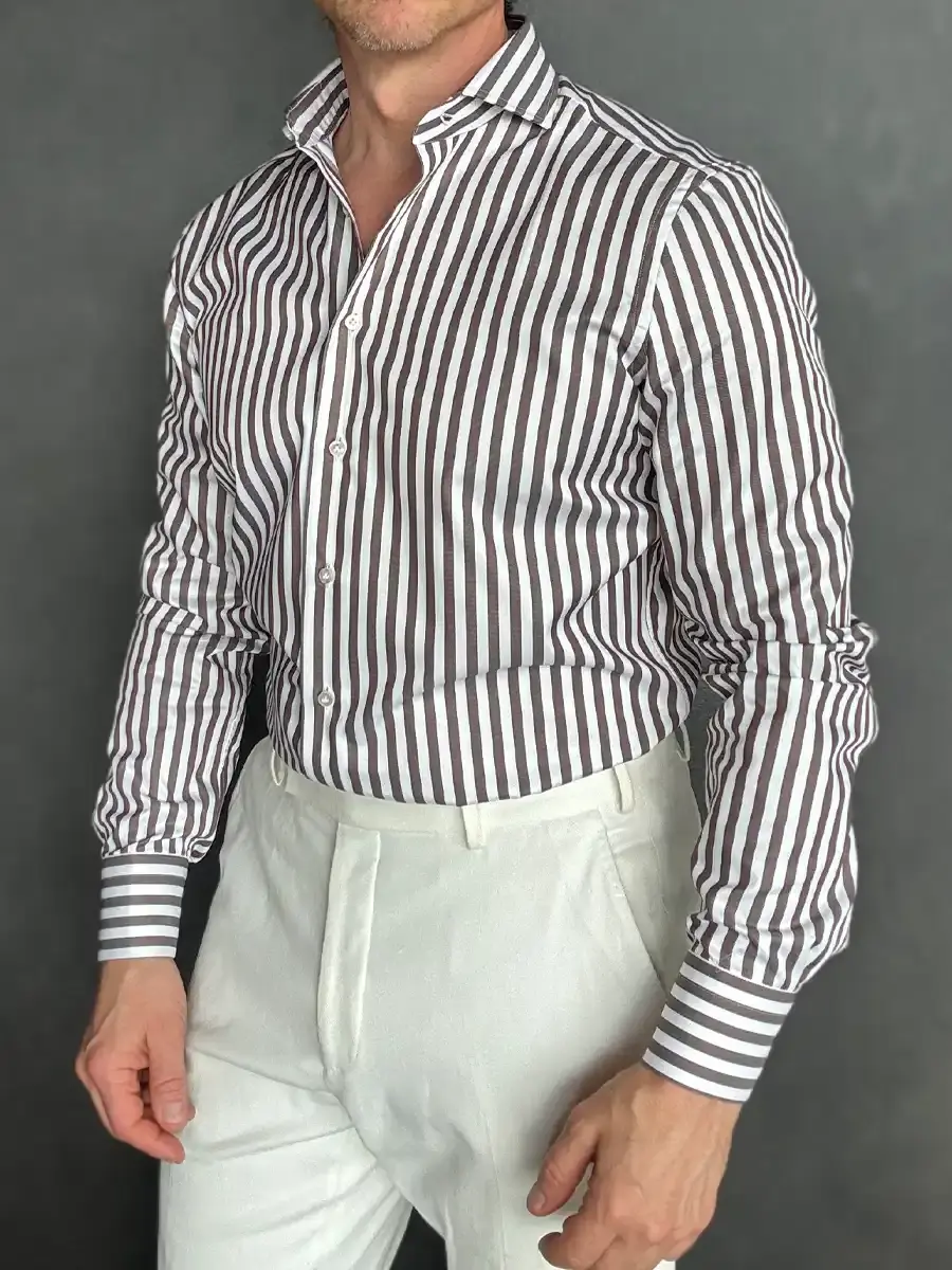 Thumbnail: Brown stripe cutaway collar cotton shirt