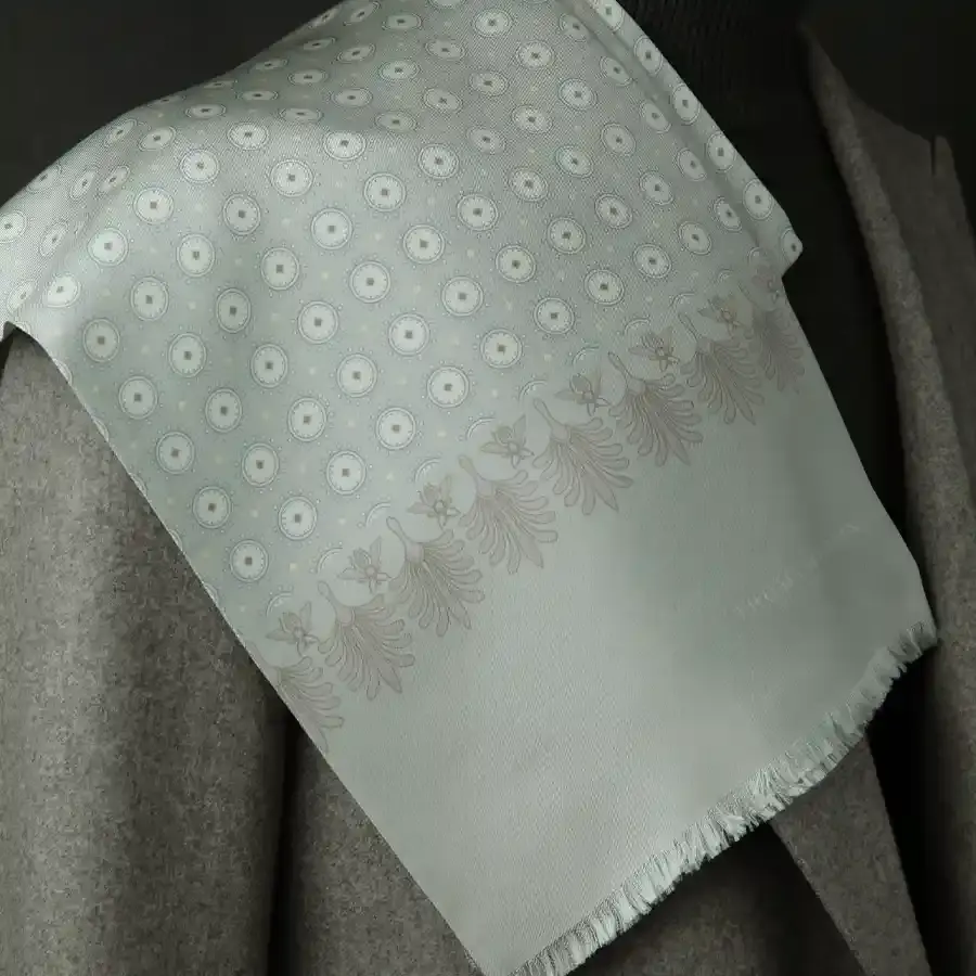 Thumbnail: Palms and Bees Dove Grey silk pin fringe scarf