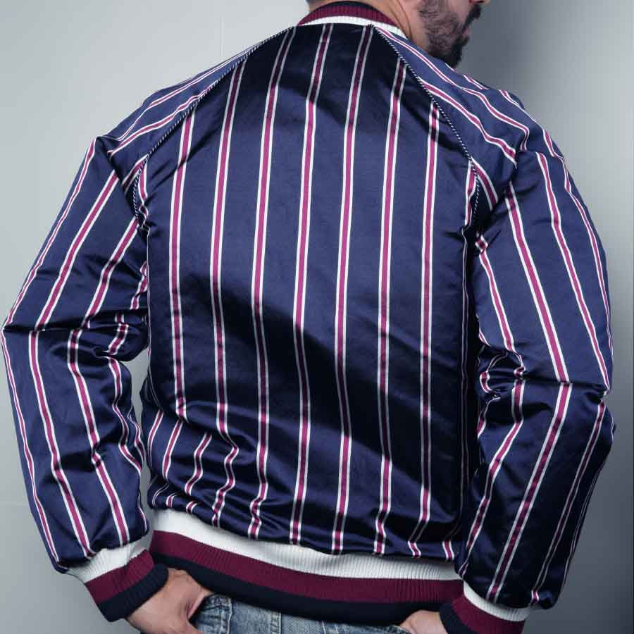 Thumbnail: Silk Boating Stripe Bomber Jacket Wine and Navy